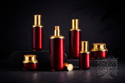 Deep red acrylic skincare bottles and cosmetic jars with gold caps, arranged on dark stone blocks in a luxury grouping.
