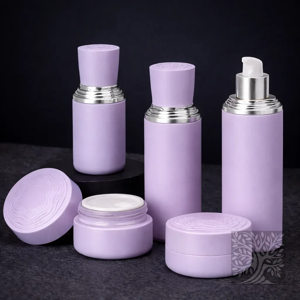 Soft lilac Cartography skincare bottles and cosmetic jars with silver accents, arranged with open jar in front.