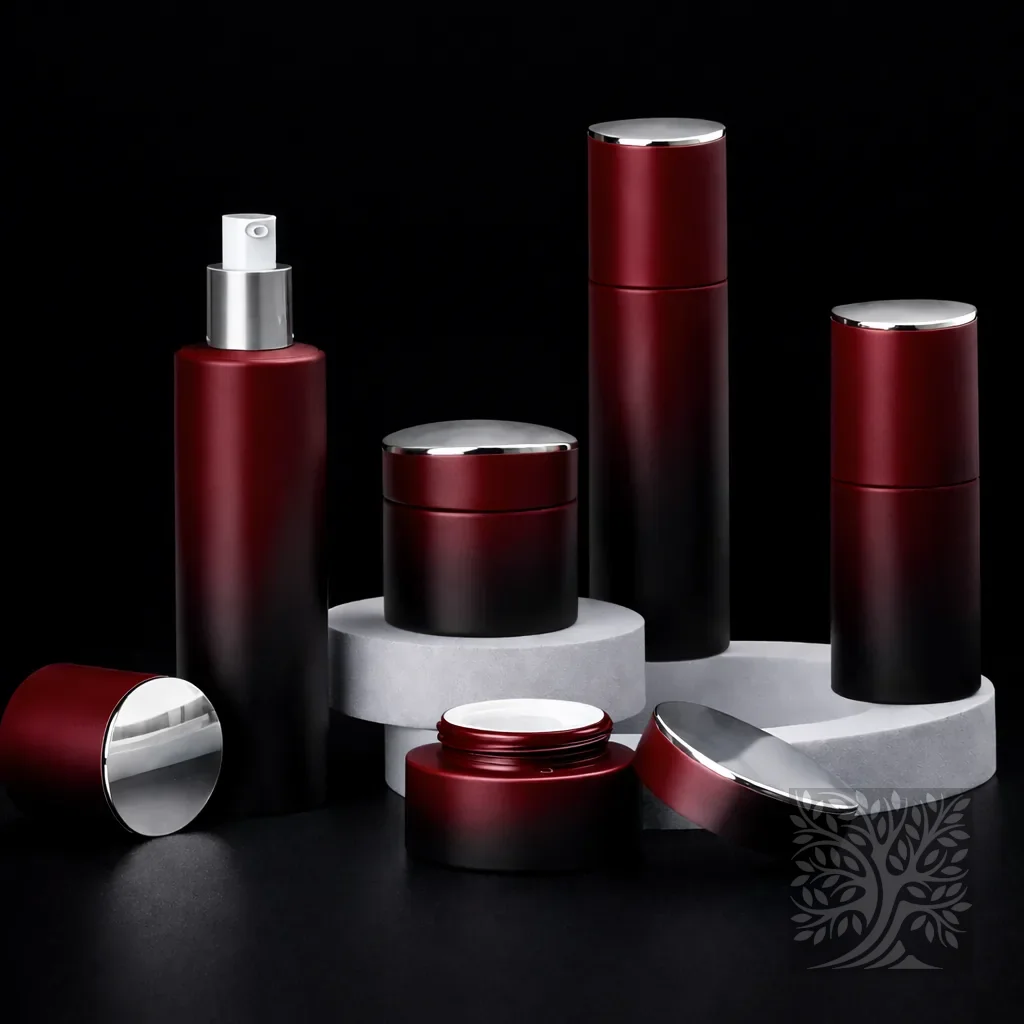 Black-to-crimson gradient skincare bottles and jars with silver lids, arranged on stepped white display platforms.