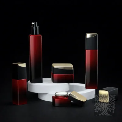 Black-to-red gradient skincare bottles and cosmetic jars with dark caps, arranged on layered white platforms.