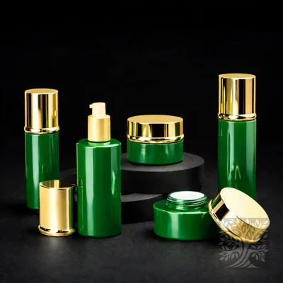 Gloss green Torr skincare bottles and jars with gold caps, styled on tiered stands with open and closed containers.