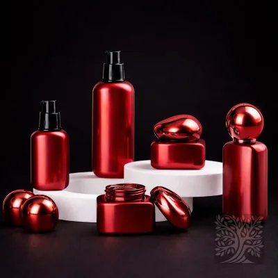 Metallic red glass skincare bottles and matching jars with silver caps, arranged in a bold reflective product presentation.
