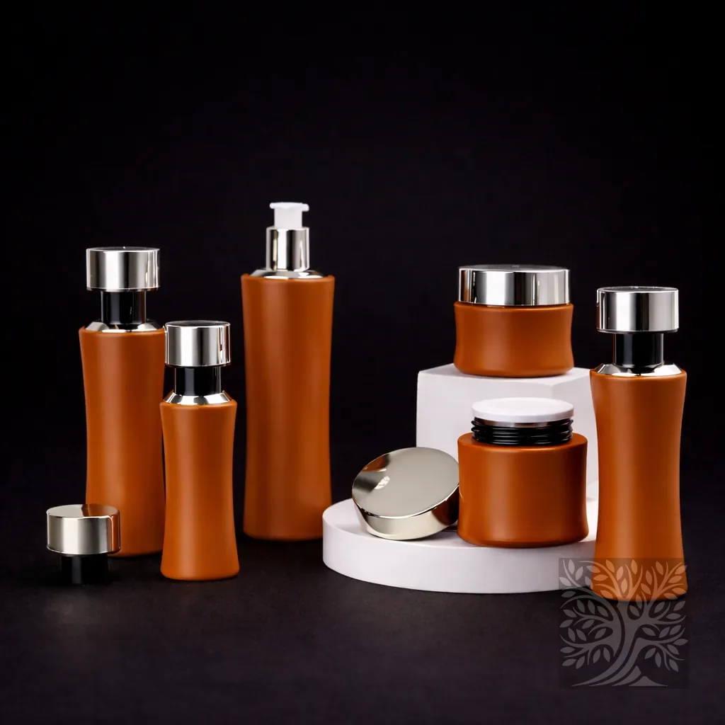 Warm brown skincare bottles and cosmetic jars with silver caps, including a pump bottle, arranged on a white display stand.