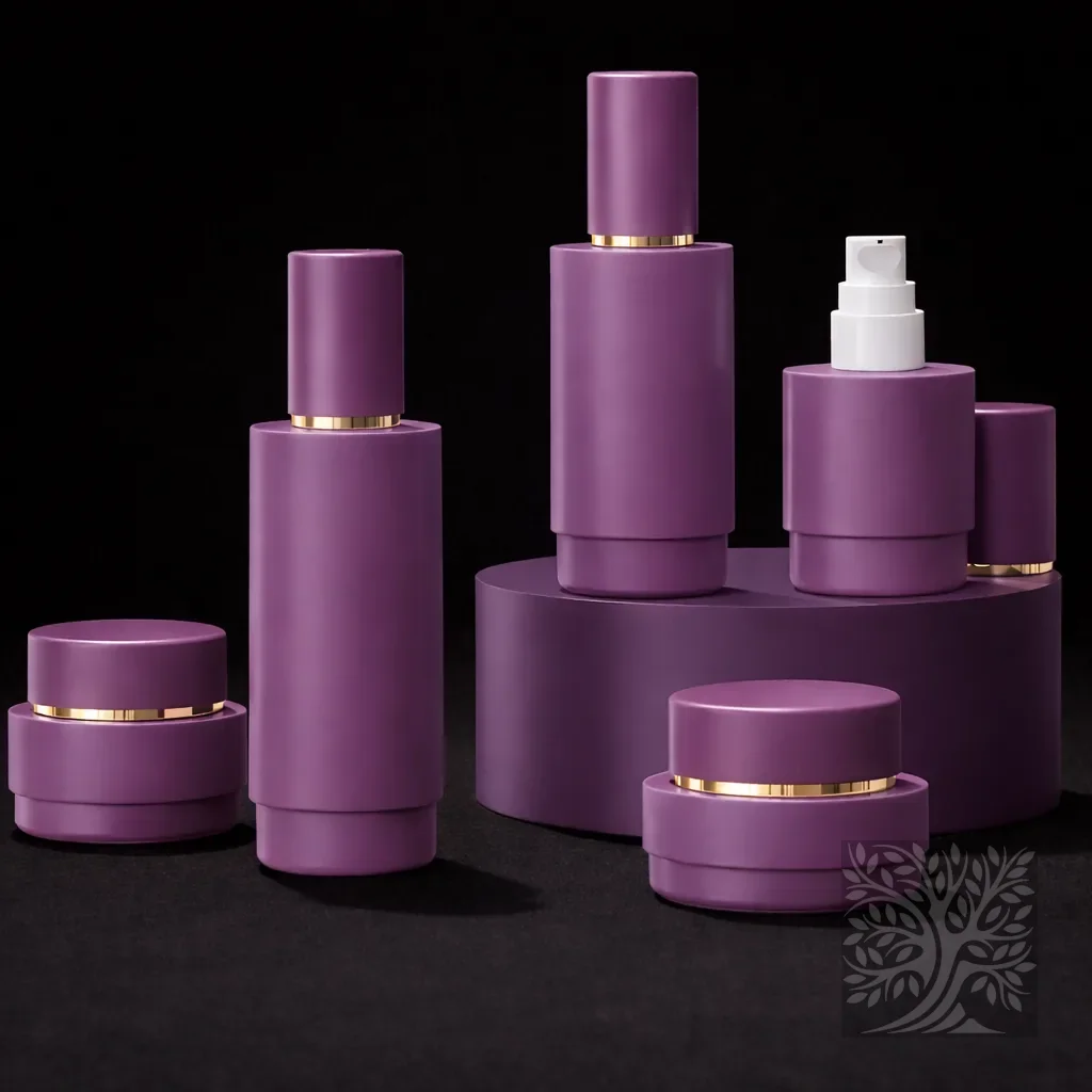 Muted purple skincare bottles and jars with gold accents and black caps, arranged in a smooth, modern presentation.