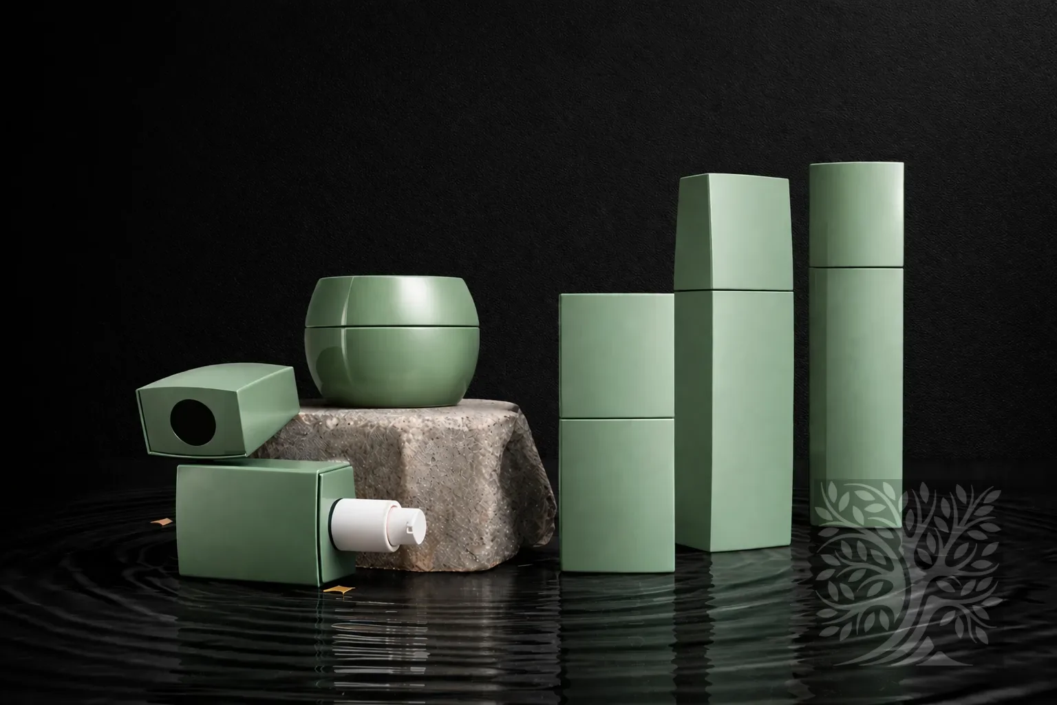 Sage green glass packaging set with square skincare bottles and a round cosmetic jar, displayed in a calm Zen-inspired layout.
