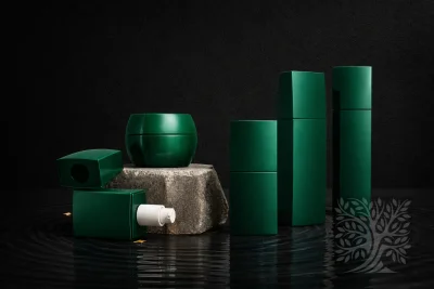 Dark forrest green bottles and cosmetic jars with smooth surfaces, arranged in a modern minimalist display on a reflective base.