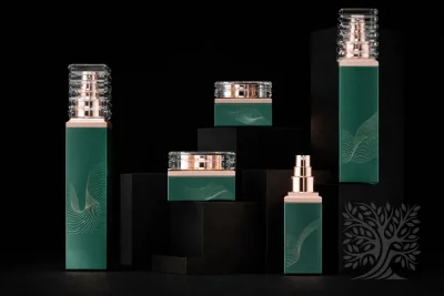 Forest green glass skincare bottles and jars with rose gold accents and clear caps, presented in a structured Monument display.