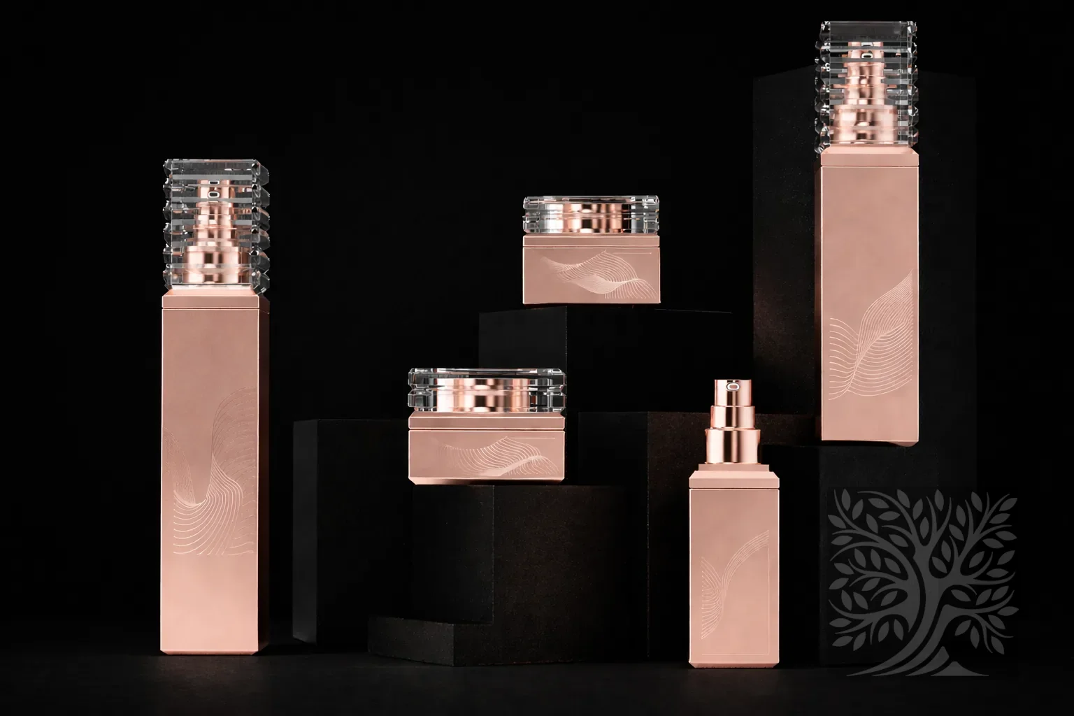 Soft pink cosmetic bottles and matching jars with clear caps and metallic finishes, arranged in a clean geometric layout.