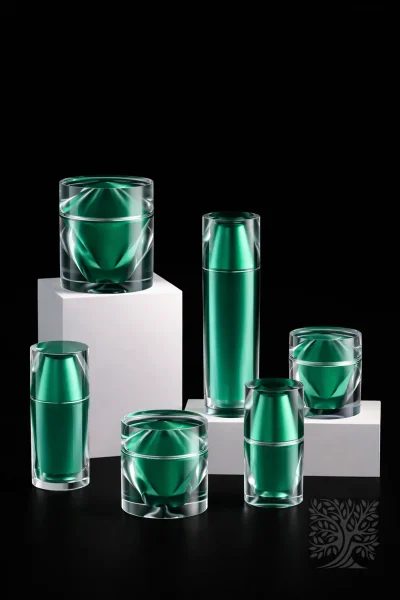 Emerald green acrylic skincare bottles and cosmetic jars with sculpted faceted surfaces, displayed in a balanced arrangement.