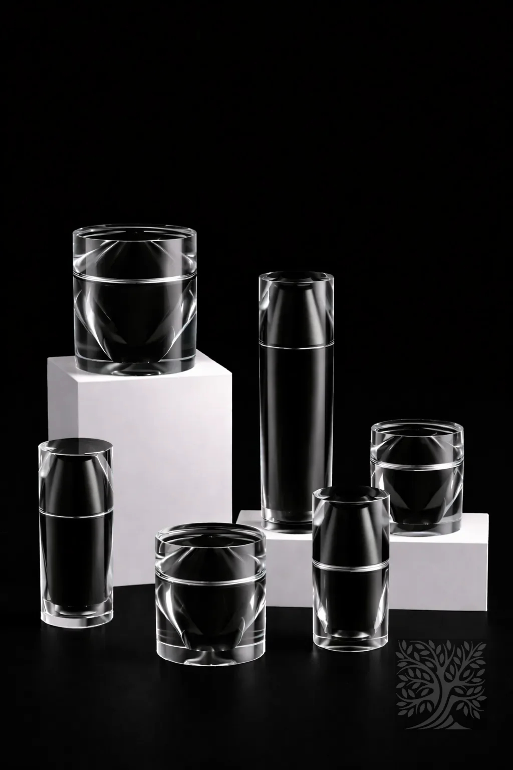 Gloss black acrylic skincare bottles and matching jars with transparent faceted exteriors, arranged in a sleek monochrome display.