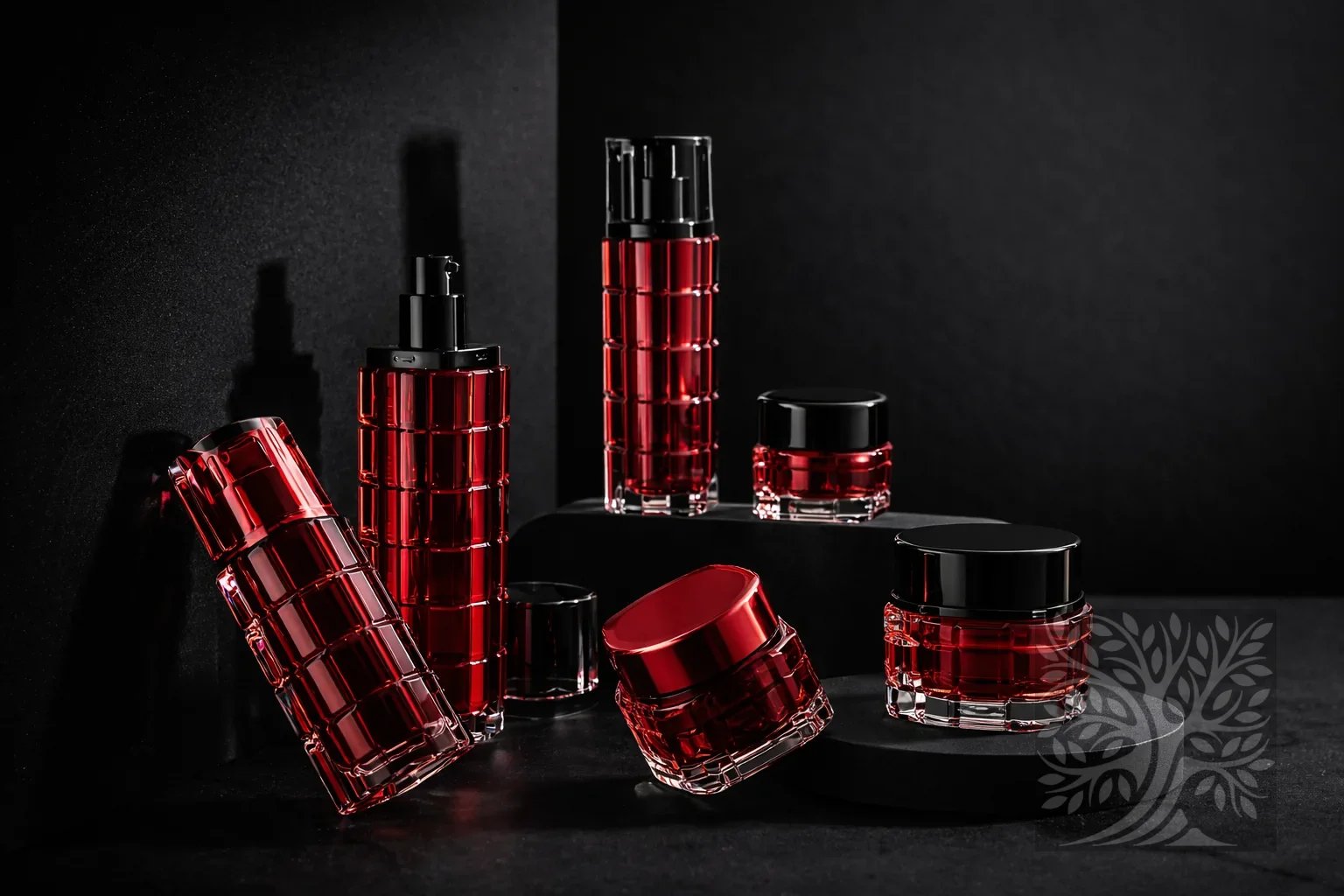 Deep red acrylic skincare bottles and cosmetic jars with black caps, arranged on black stands with open jar presentation.