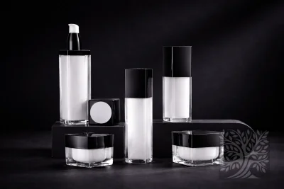Frosted white acrylic skincare bottles and cosmetic jars with black caps, arranged on platforms with balanced vertical layout.