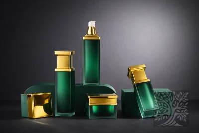 Emerald green acrylic skincare bottles and cosmetic jars with gold caps, arranged on platforms with angled bottle display.