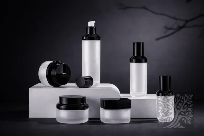 Frosted white acrylic skincare bottles and cosmetic jars with black caps, arranged on white stands with open and closed jars.